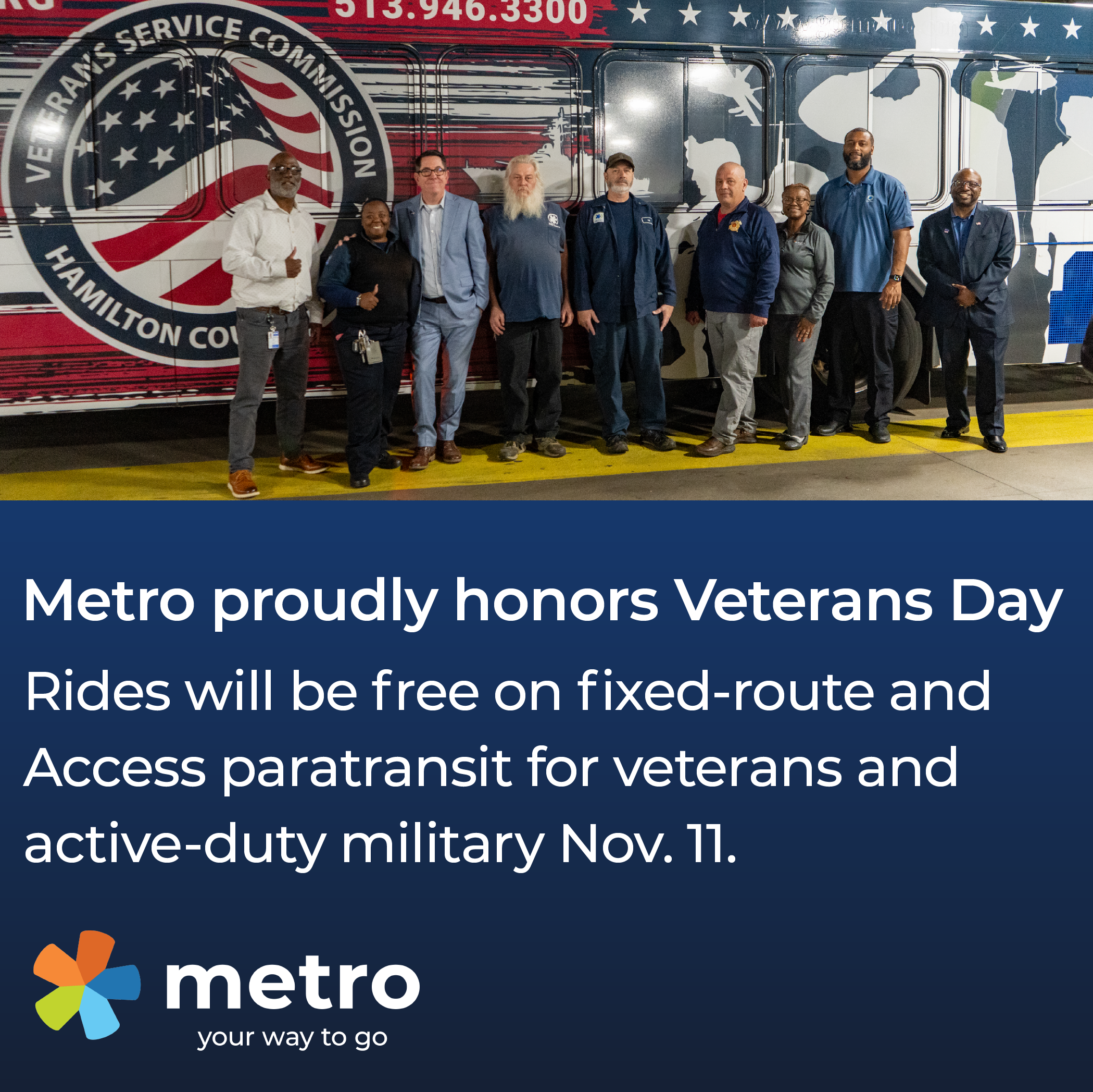 Metro Offers Fare-Free Rides to Veterans and Active Military Members on Veterans Day, Tuesday, November 11